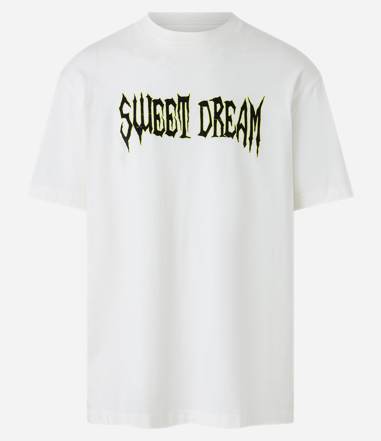 Camiseta de ajuste descontraído em malha off-white com estampa na frente e nas costas