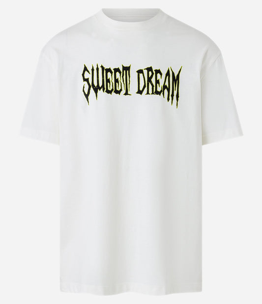 Camiseta de ajuste descontraído em malha off-white com estampa na frente e nas costas
