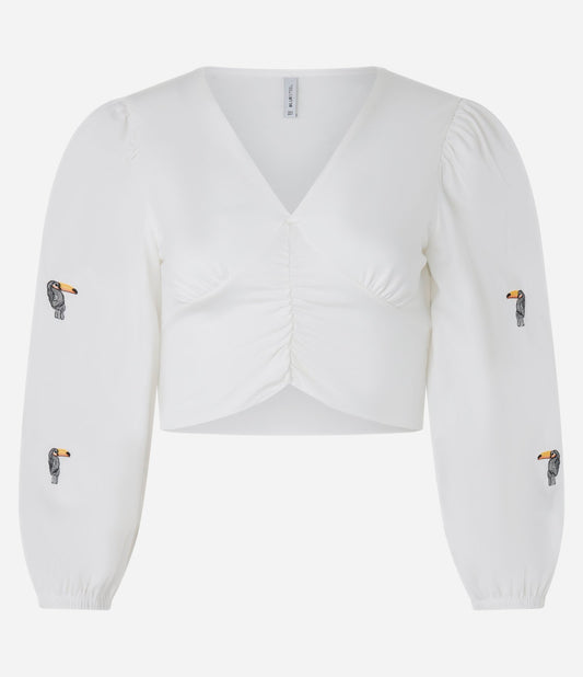 Blusa com Decote V e Mangas Bufantes com Bordado de Tucano Branco