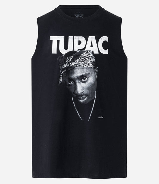 Camiseta regata de algodão preta com estampa de Tupac