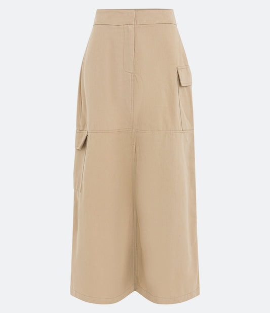 New Beige Midi Skirt in Twill with Cargo Pockets and Front Slit (Nova Saia Midi Bege em Sarja com Bolsos Cargo e Fenda Frontal)
