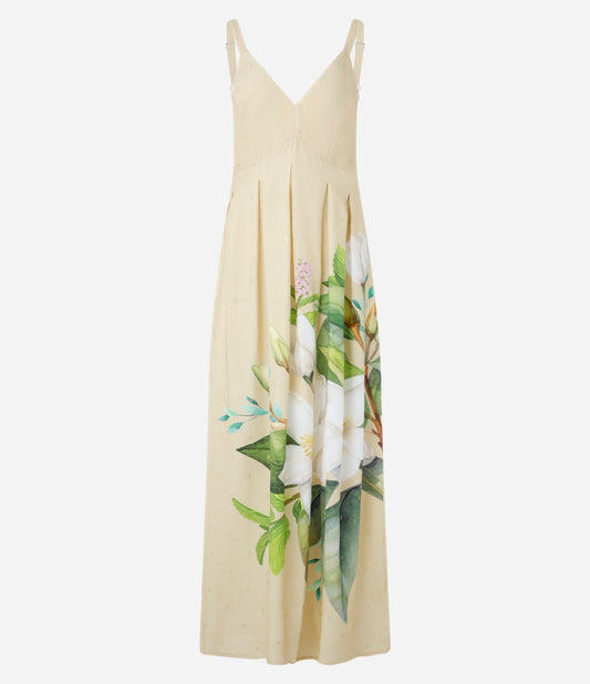 New Beige Floral Print Midi Dress in Viscose with Smocking