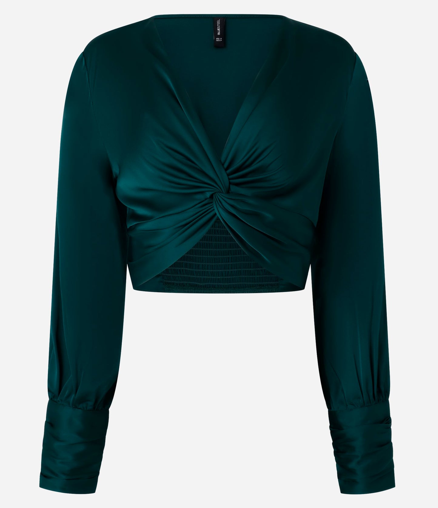 Blusa Cropped de Cetim com Nó Frontal e Punhos Drapeados em Verde