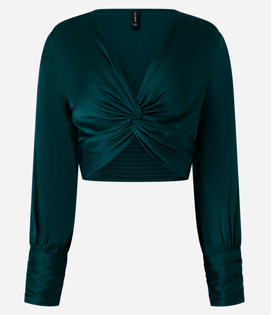 Blusa Cropped de Cetim com Nó Frontal e Punhos Drapeados em Verde