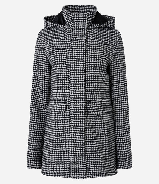 Long Plaid Houndstooth Polivelour Jacket with Black Hood
