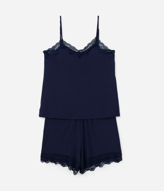 Pijama curto de viscolycra preta com renda - Curve e Plus Size