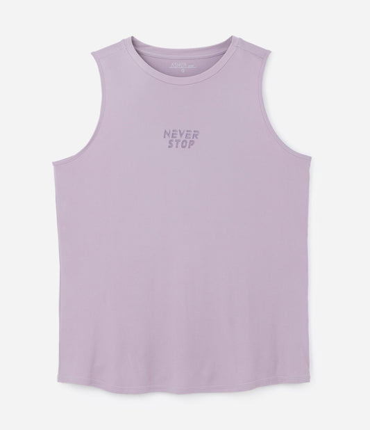 Blusa regata esportiva em microfibra tecnológica com estampa "Never Stop", tamanhos curvos e grandes, roxo