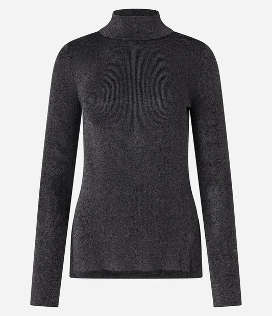 Black Metallic Thread Knit Sweater with Curved Hem