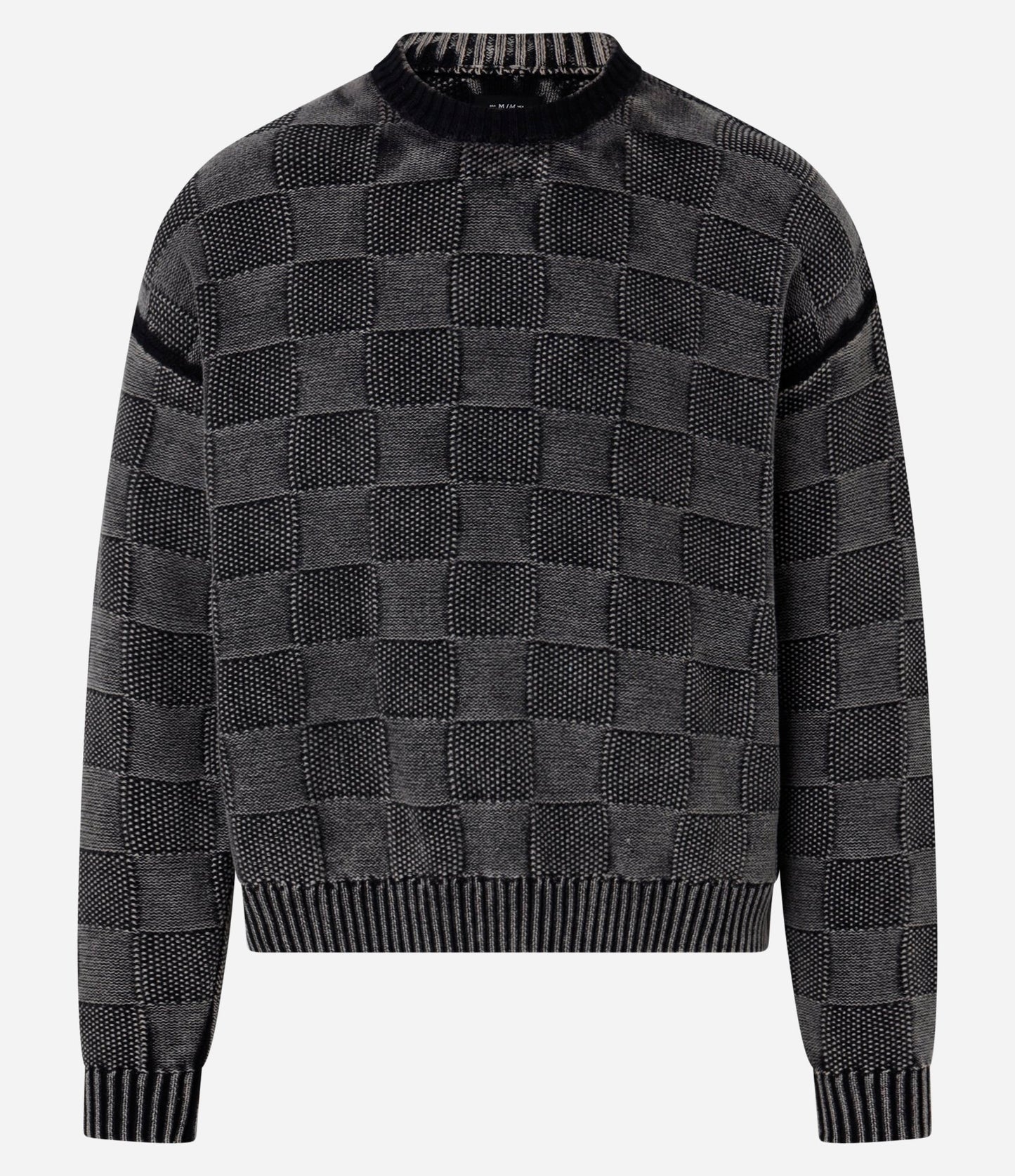 Maglione a quadri in cotone sbiadito con texture jacquard e plaid nero