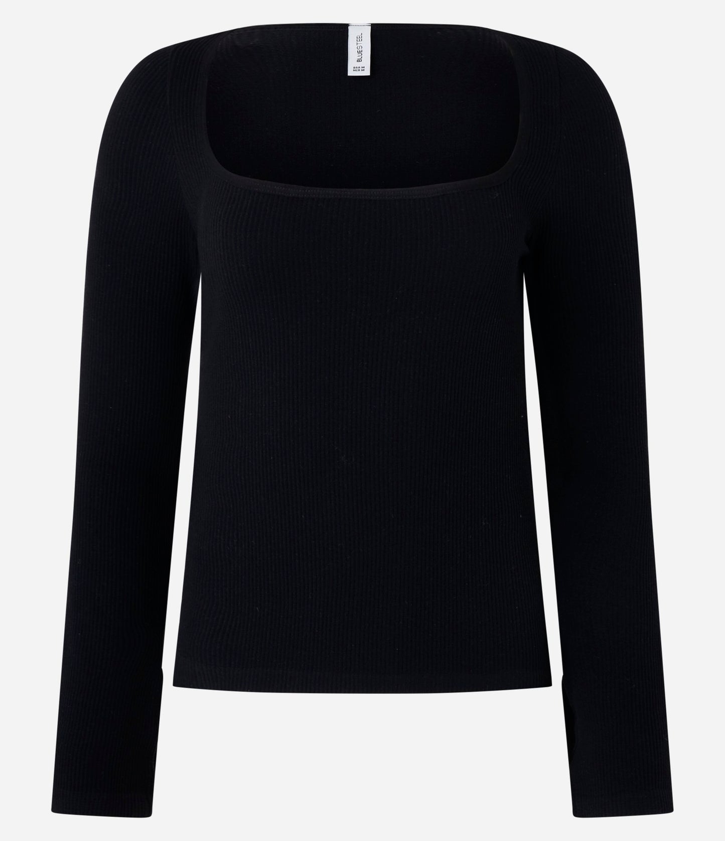 Ribbed Seamless Blouse with Square Neckline and Cuff Slit in Black