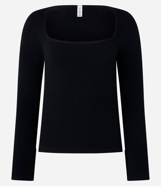 Ribbed Seamless Blouse with Square Neckline and Cuff Slit in Black