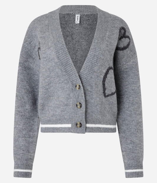 Short Knit Cardigan with Buttons and Gray Heart Print