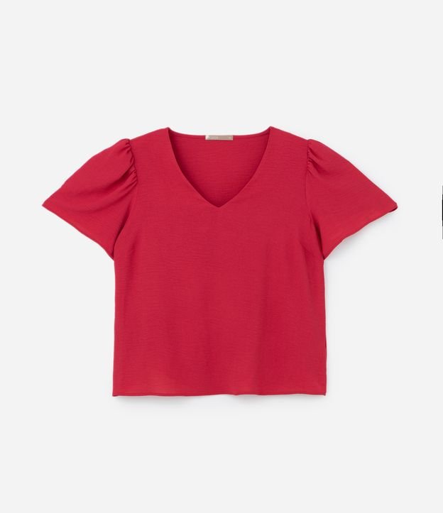 Camicetta in crepe con maniche a sbuffo e scollo a V, Curve e taglie forti, rosso ciliegia