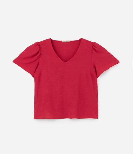 Camicetta in crepe con maniche a sbuffo e scollo a V, Curve e taglie forti, rosso ciliegia