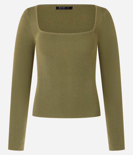 Fitted Basic Knit Top with Square Neckline in Green
