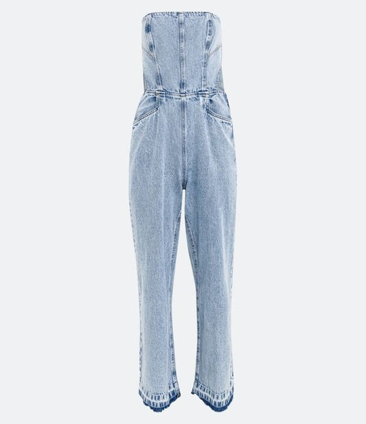 Tuta in denim senza spalline con ritagli in vita in blu