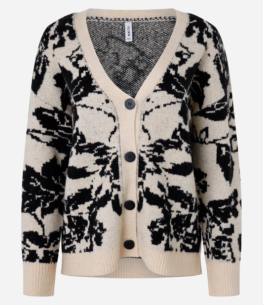 Cardigan lungo in maglia floreale beige
