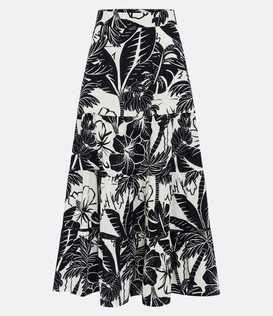 Nova saia midi em linho com estampa floral tropical branca/preta