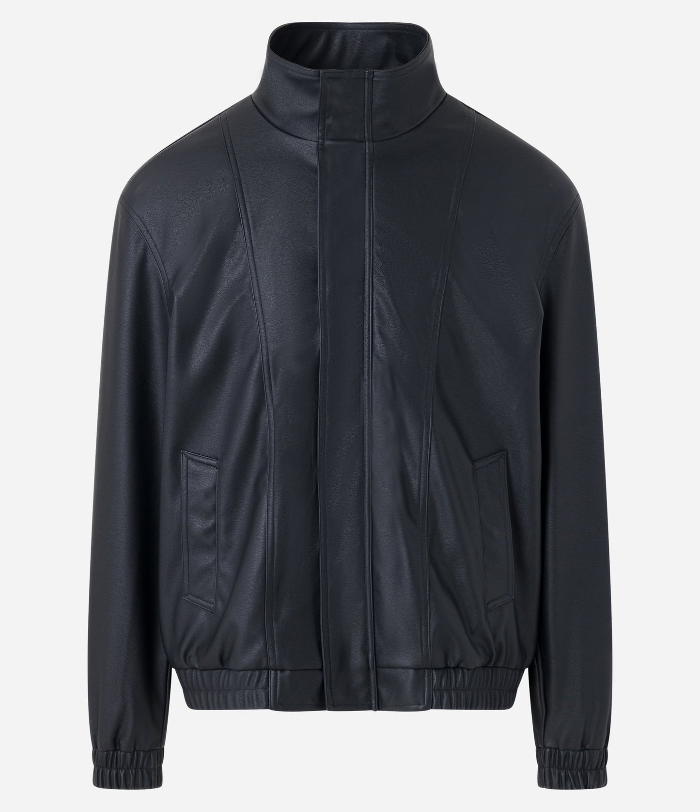 Jaqueta Bomber PU preta de gola alta com zíper e bolsos