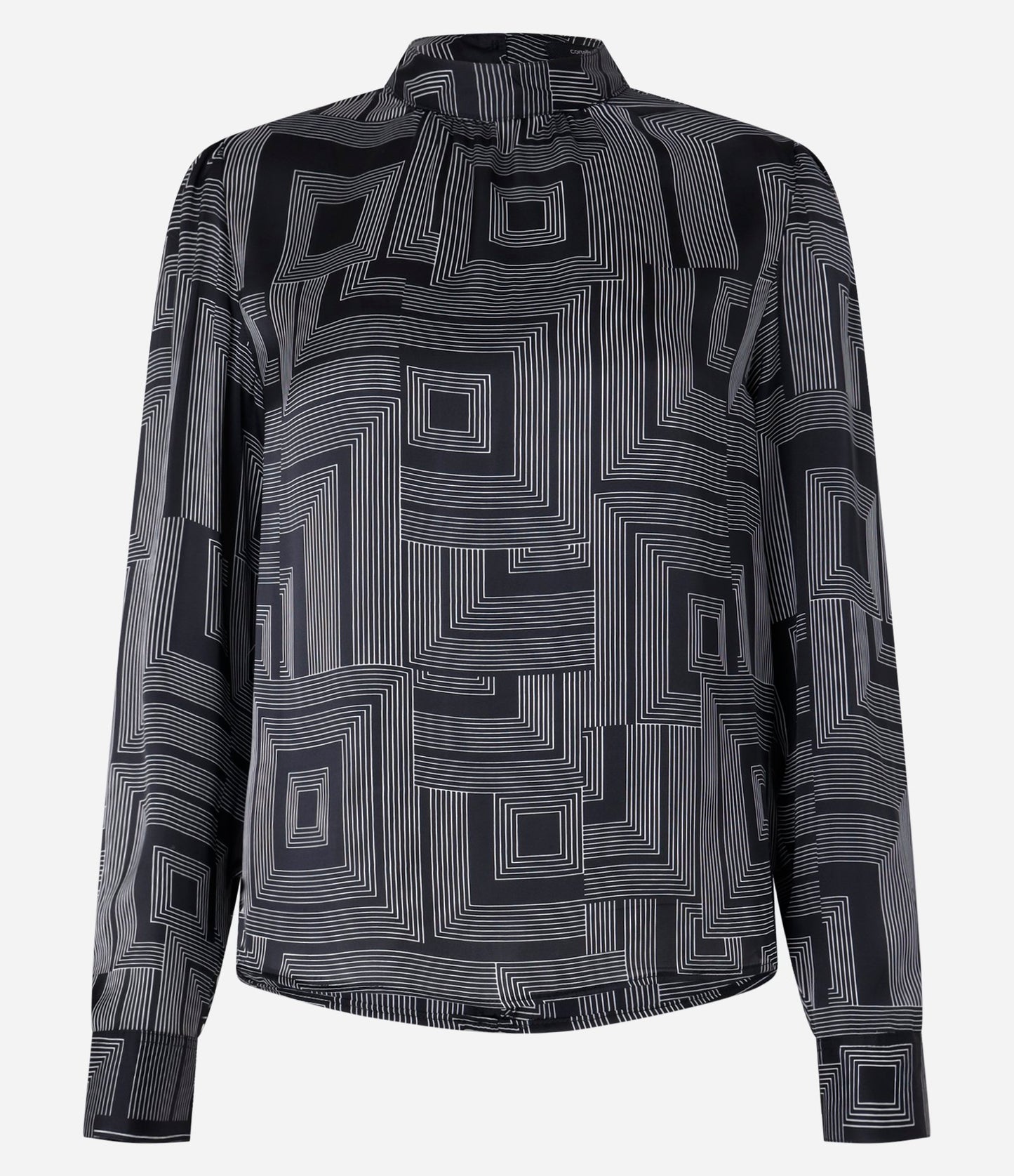 Blusa de Cetim com Gola Mandarim e Estampa Geométrica Preta