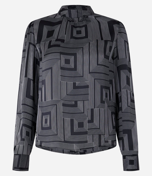 Satin Blouse with Mandarin Collar and Black Geometric Print