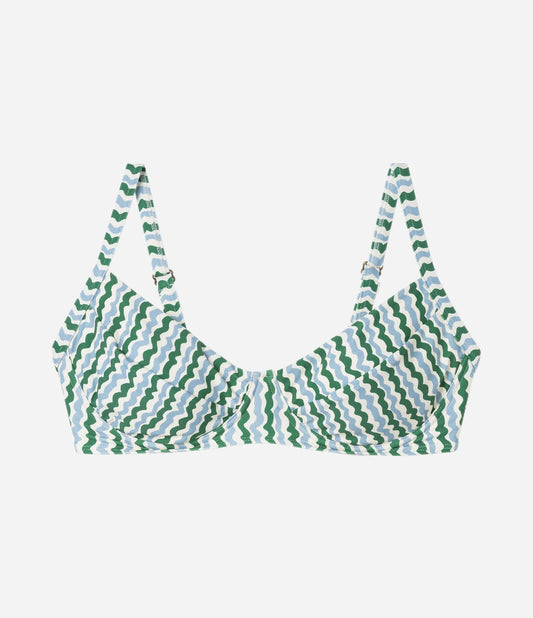 Top bikini a mezza coppa in microfibra con stampa a onde, taglie forti e curvy, verde e blu