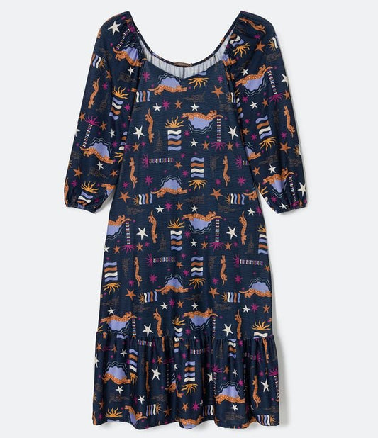 Vestido midi azul com mangas bufantes e estampa de leopardo - Curve e Plus Size