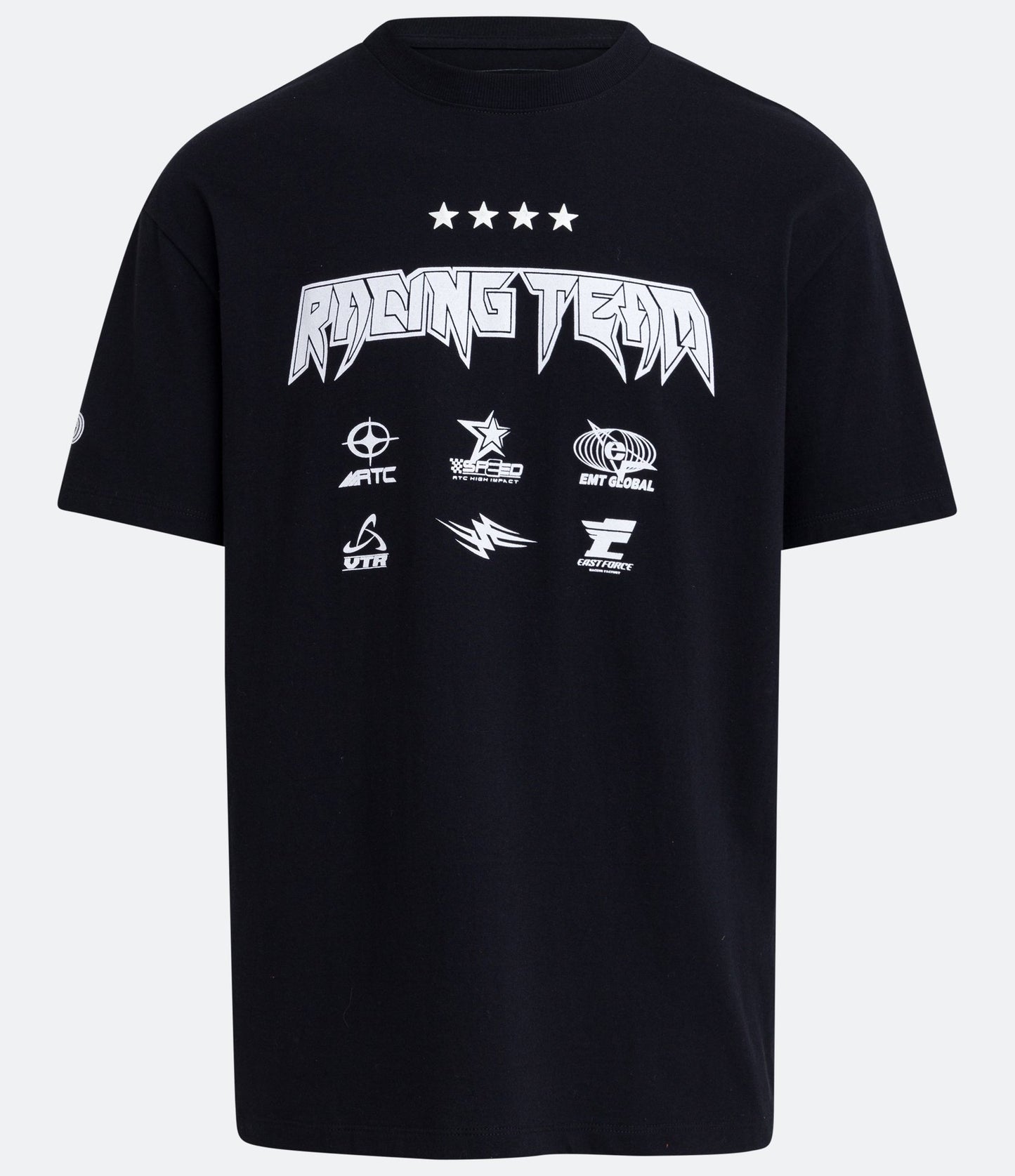 Camiseta de algodão de ajuste descontraído com estampa preta da equipe de corrida