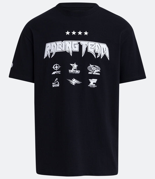 Camiseta de algodão de ajuste descontraído com estampa preta da equipe de corrida