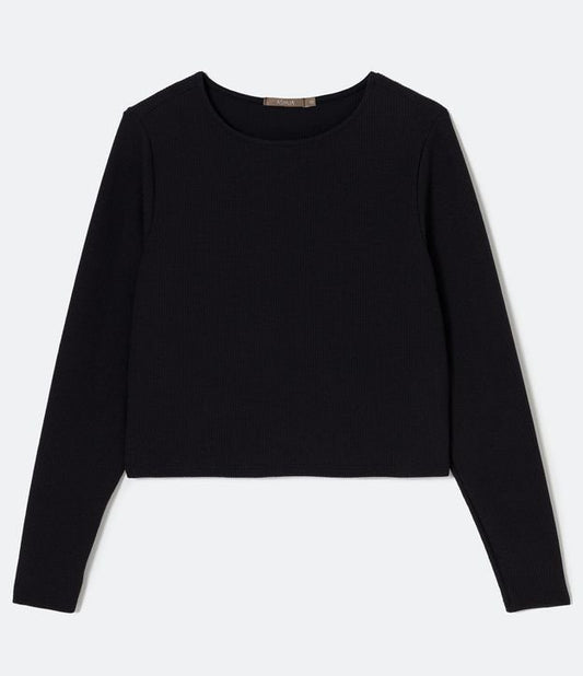 Blusa de malha texturizada de manga longa em tamanhos curvos e grandes - preta
