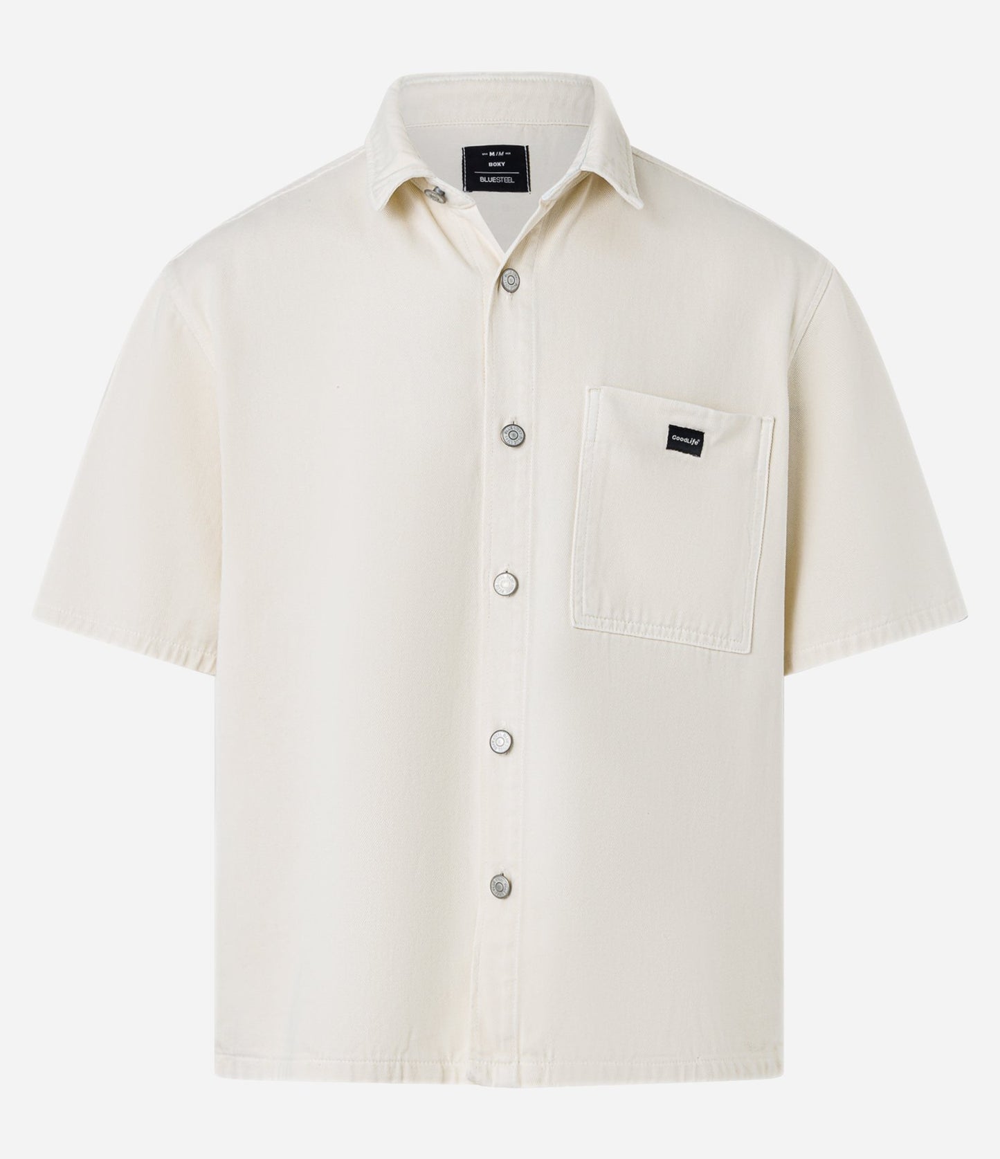 Camisa branca de sarja boxy com bolso no peito