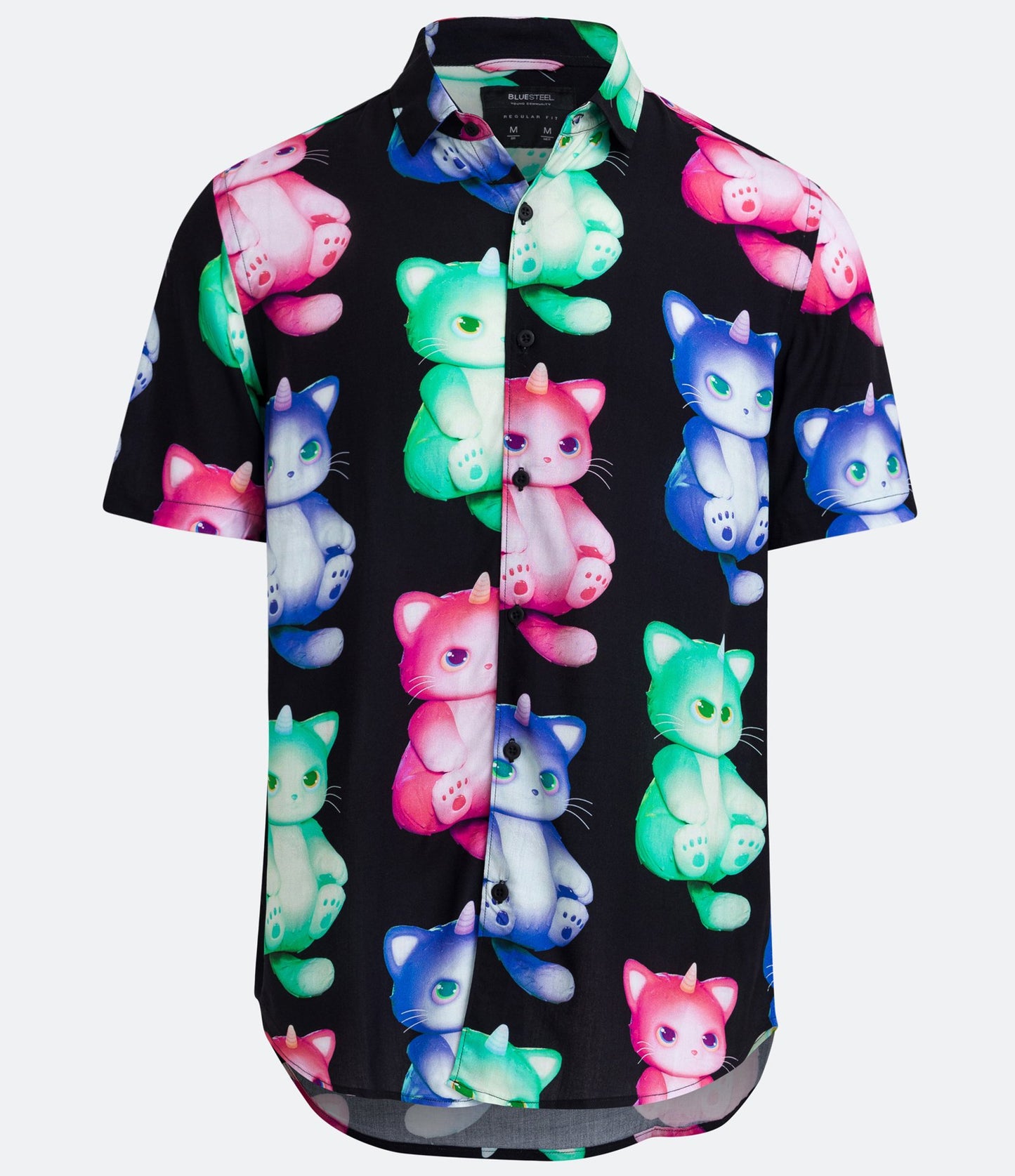 Camisa de manga curta de viscose com estampa de gato 3D em preto