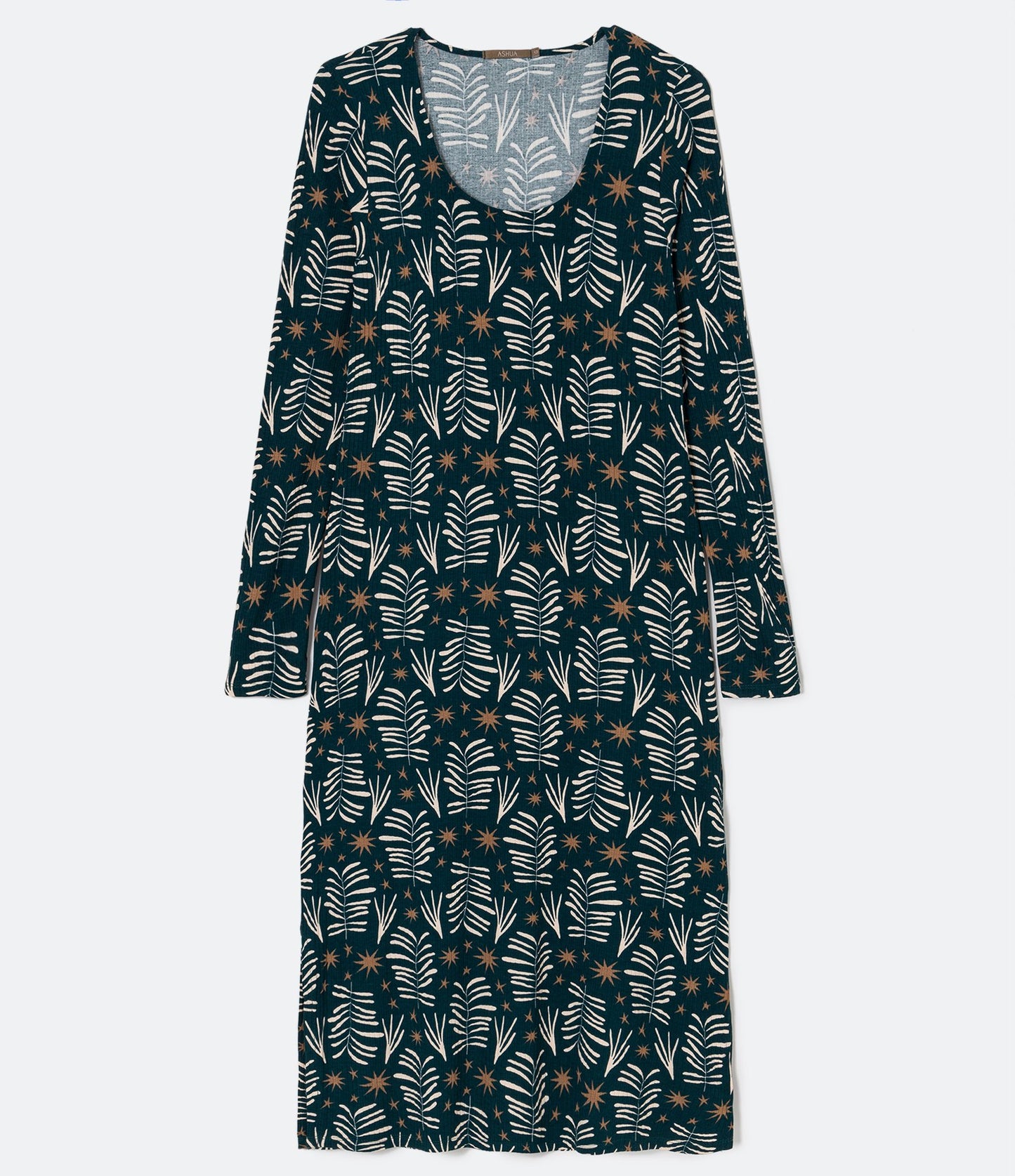 Vestito midi a coste con scollo a U e stampa a foglie, taglie forti e taglie forti, verde