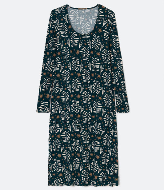 Vestito midi a coste con scollo a U e stampa a foglie, taglie forti e taglie forti, verde
