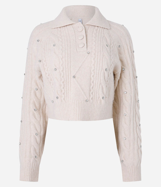 Short Knit Sweater with Pink Bead Embroidery