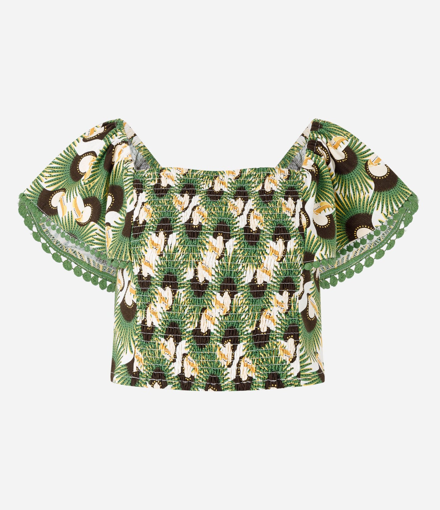 Cropped Blouse in Viscose and Linen with Smocked Detailing and Green Toucan Print