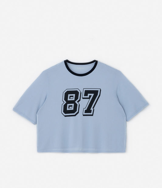 Crop Top sportivo blu con tecnologia Dry e stampa '87', taglie Curve e Plus Size