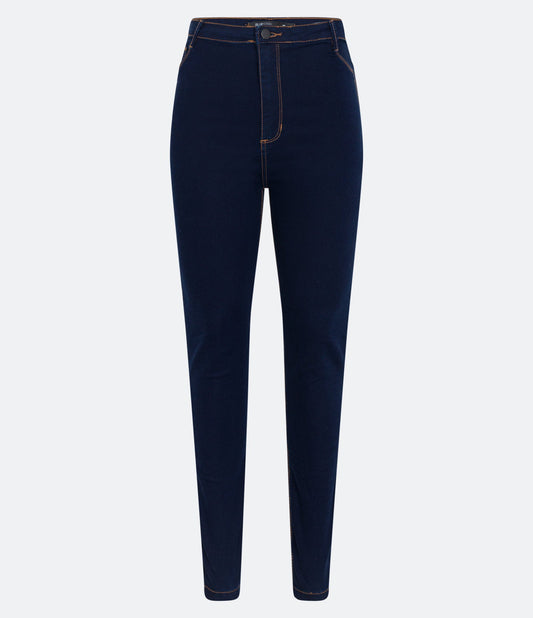 Calça jeans skinny preta de cintura alta com costura contrastante