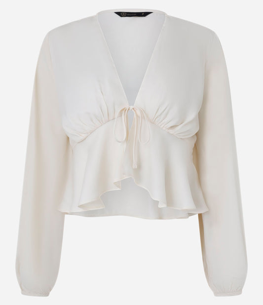 Blusa Boho Chic de Crepé Sólido con Lazo Delantero en Beige