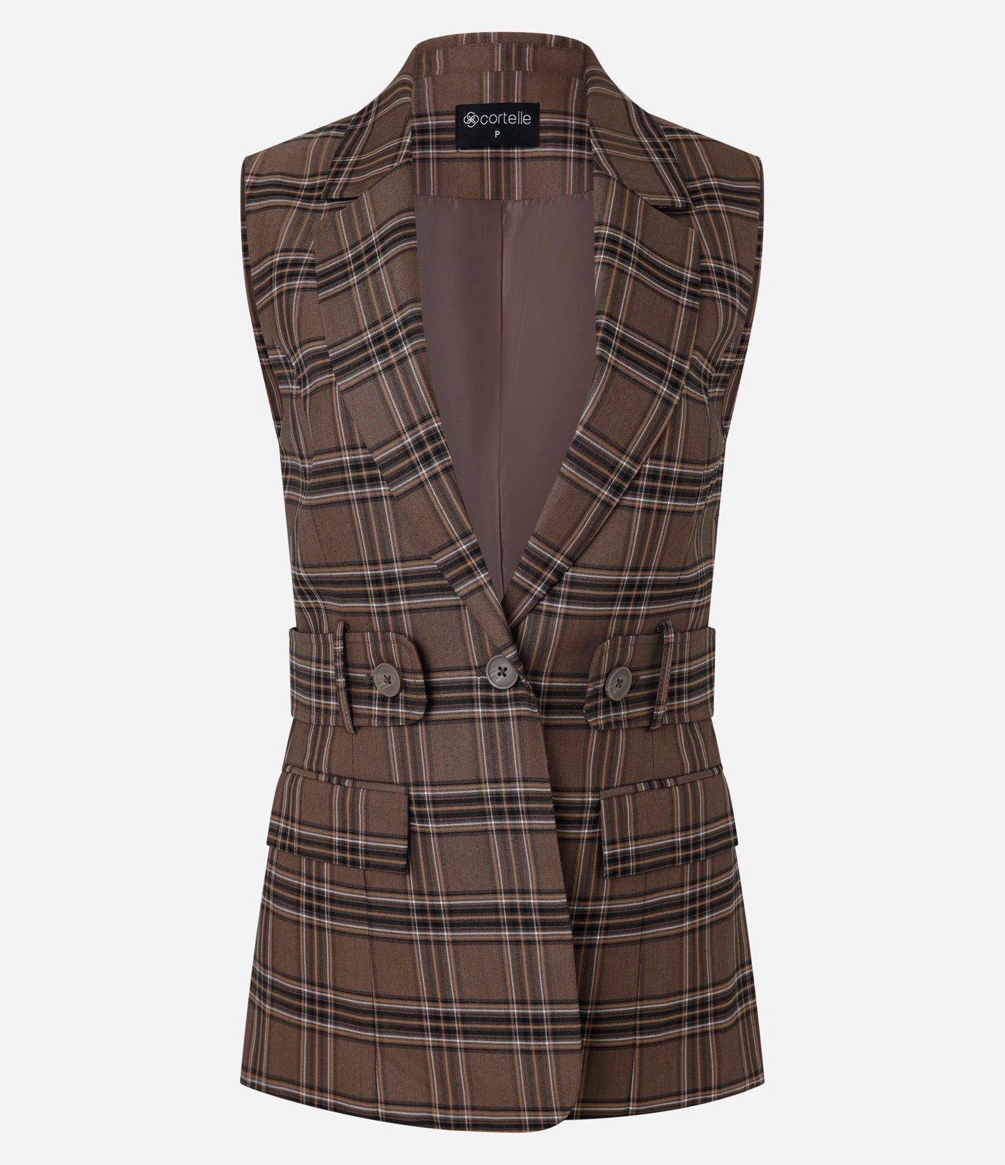 Gilet in crepe a quadri con colletto Blazer e cintura marrone incorporata