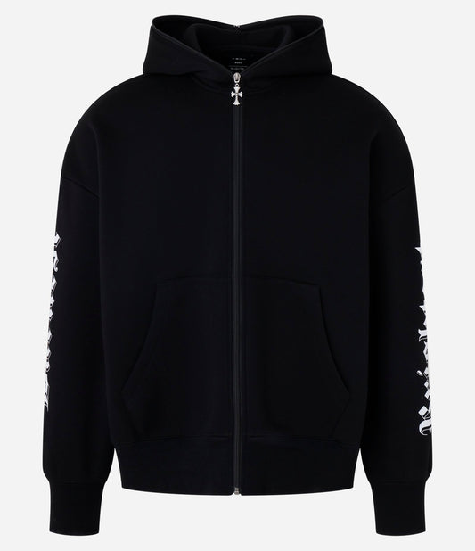Giacca nera con stampa lettering e ciondolo a croce con cerniera