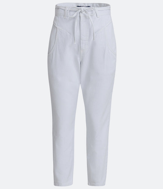 Jeans branco para mães em sarja com cinto de cordão e recortes