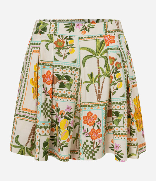 Saia curta de viscose com estampa floral e pregas off-white