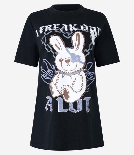 Camiseta negra de algodón estampada Freak Out Rabbit