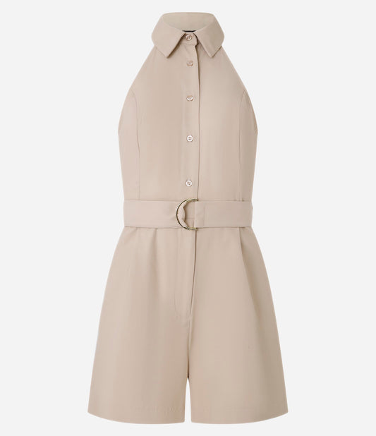 Pagliaccetto tricolore beige con collo a farfalla, colletto a camicia e cintura