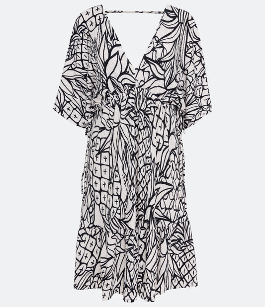 Vestito corto in maglia testurizzata con maniche corte e stampa ananas bianco neve