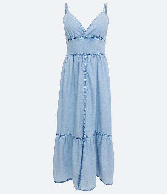 Vestido Midi Denim azul com alças, corpete com babados e bainha com babados