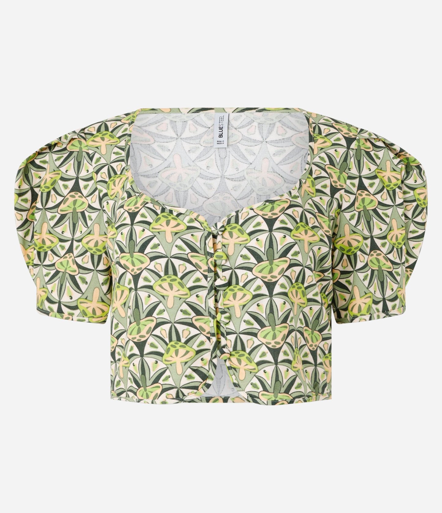 Blusa Cropped Estampada de Cogumelo Verde em Tecido Viscolinho