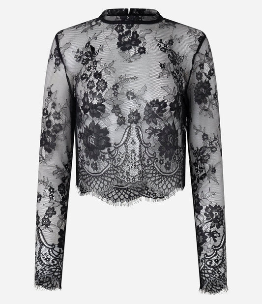 Blusa Preta de Renda Floral com Barra e Punhos Desfiados