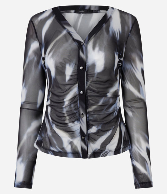 Camisa de Tul con Estampado Abstracto Blanco/Negro